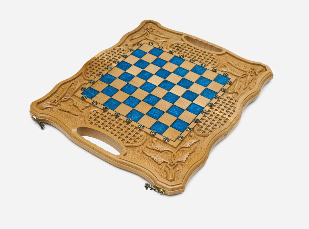 The folding board partly closed, showing its carved beechwood case
