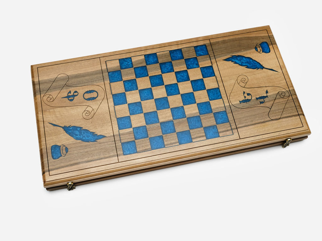The alphabet epoxy backgammon board shown from the side