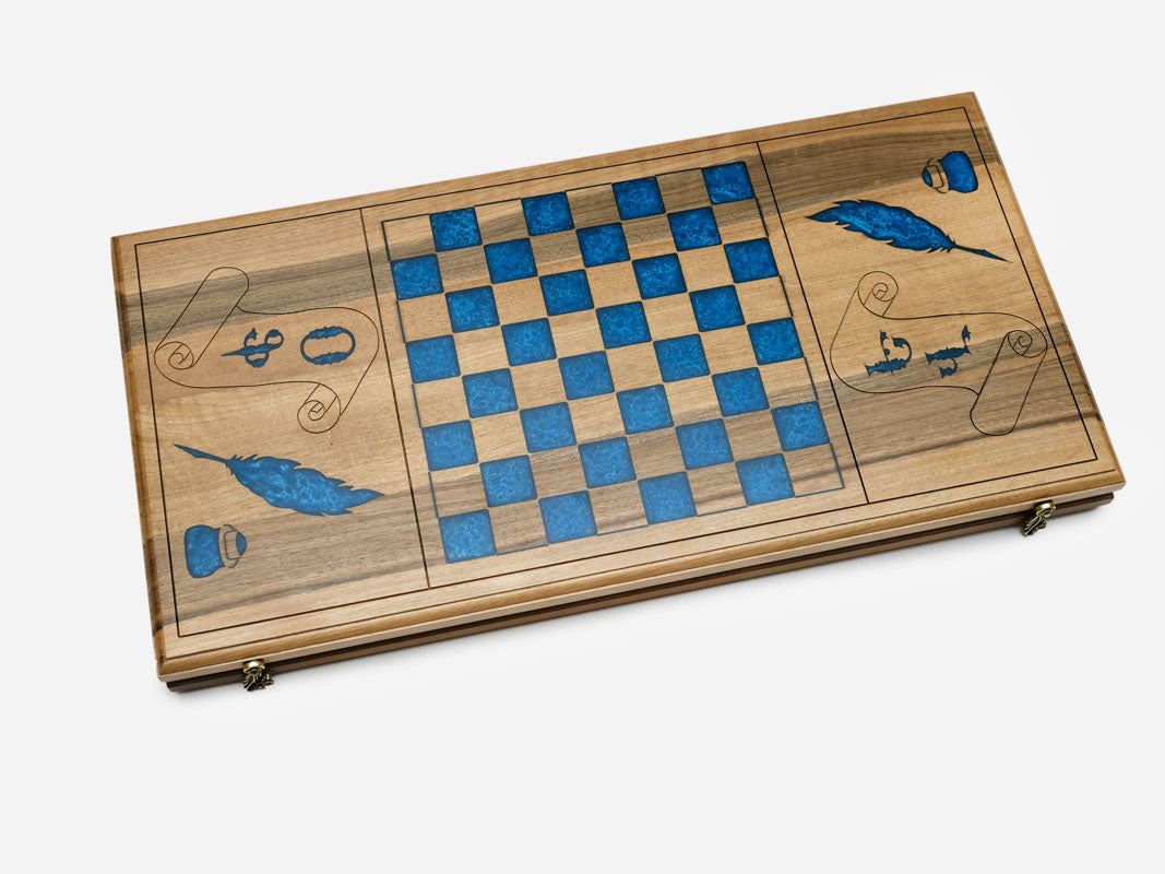 The alphabet epoxy backgammon board shown from the side