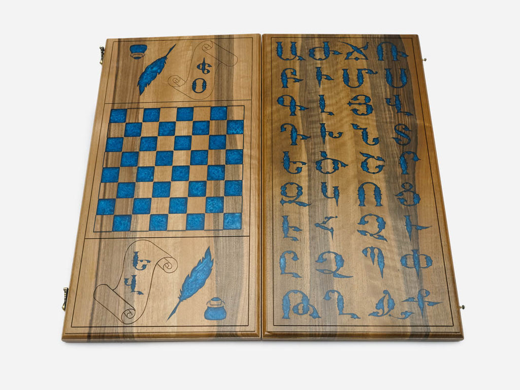 Detail of the walnut frame and blue alphabet design