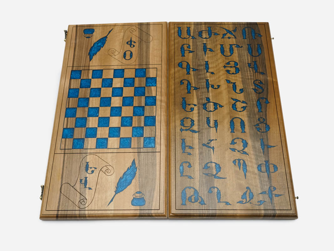 Detail of the walnut frame and blue alphabet design