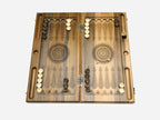 Angled view of the Armenian alphabet epoxy backgammon board