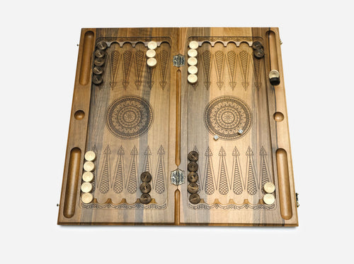 Angled view of the Armenian alphabet epoxy backgammon board