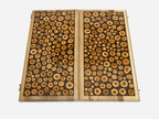 Close-up of the end-grain wood rounds embedded in epoxy