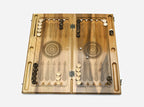 Angled view of the wood-slice epoxy backgammon board