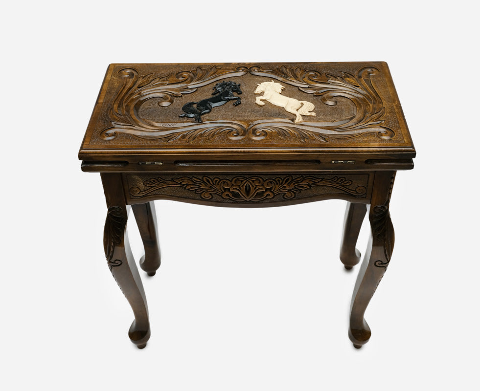 Handle Horses backgammon table closed, front view showing the inlaid rearing horses