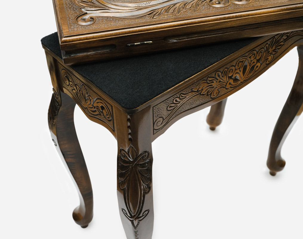 Close-up of the inlaid horses on the Handle backgammon table lid