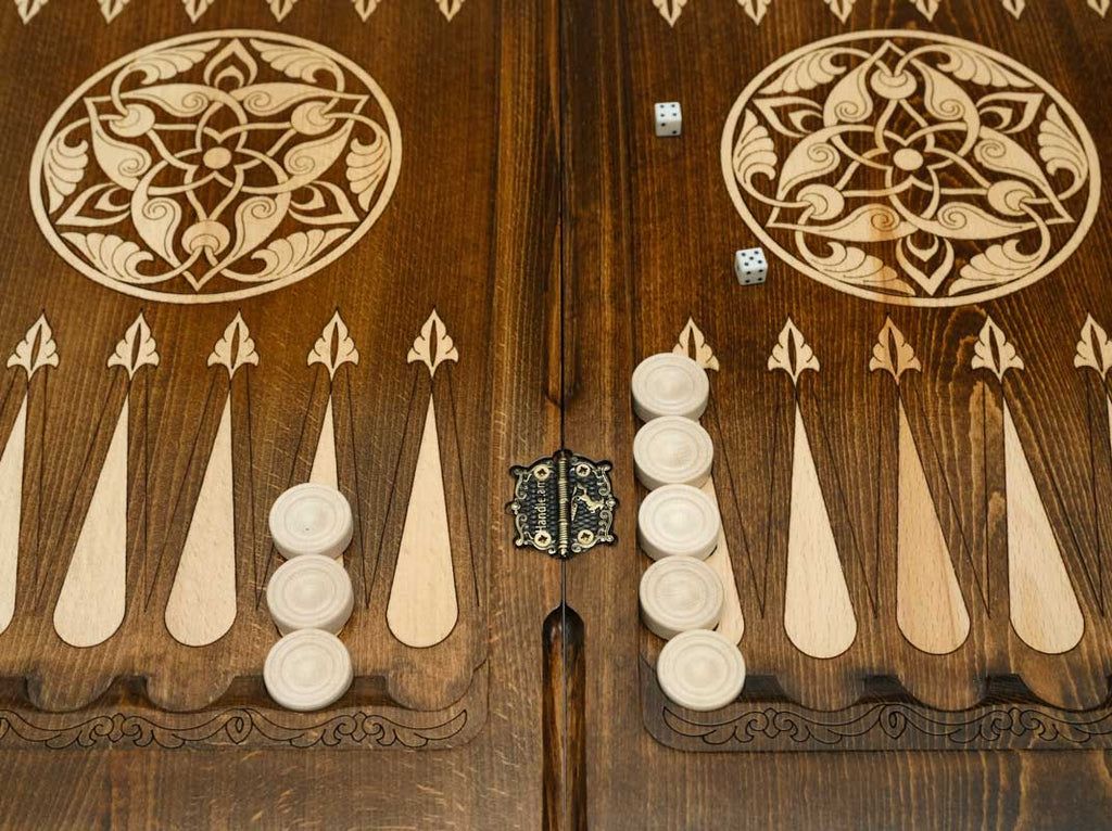 Handle Horses backgammon table opened flat with checkers set up, top-down view