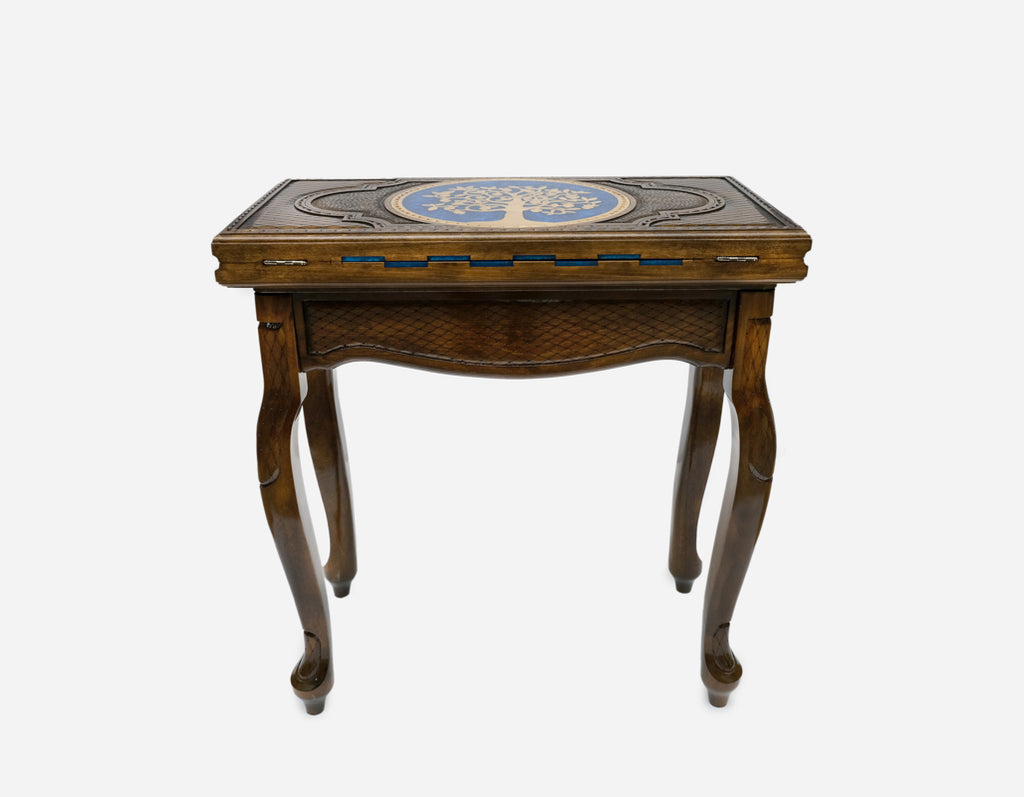 The folding chess table shown closed as a display side table