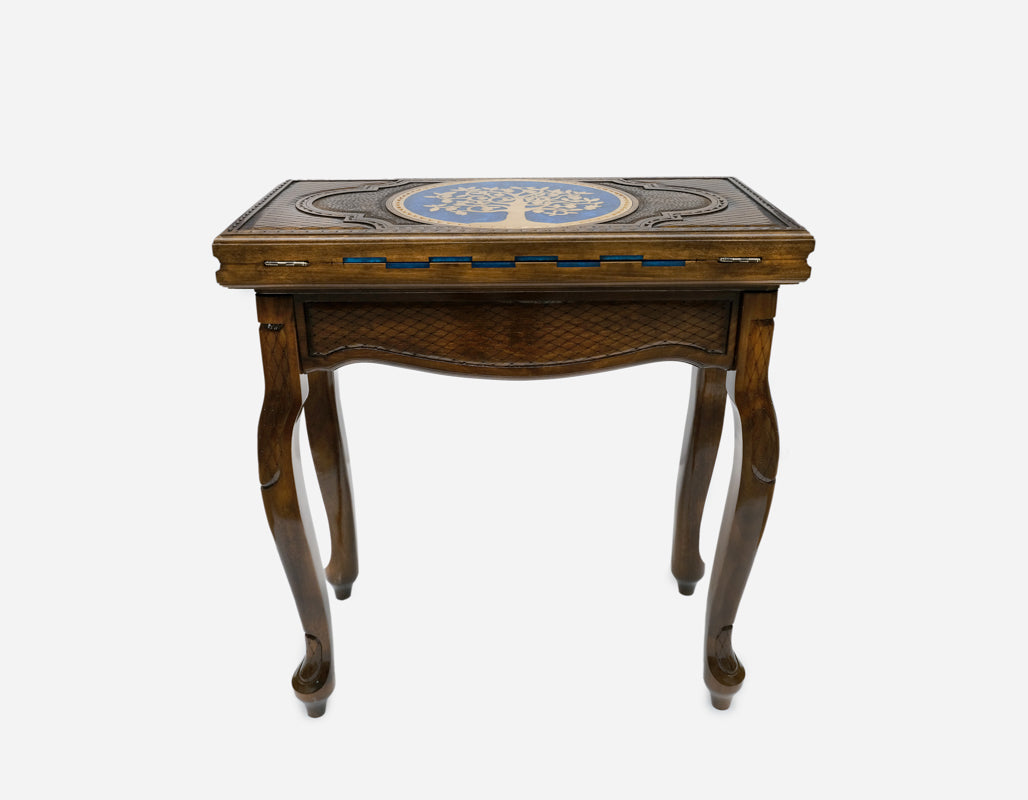 The folding chess table shown closed as a display side table
