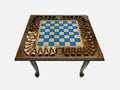 Standing chess table with a blue epoxy board and turned wooden pieces arranged around the border, on cabriole legs