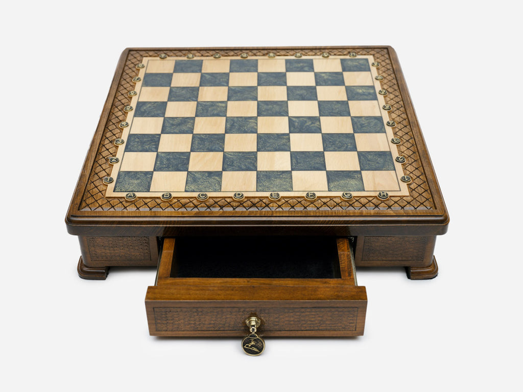 Handle Gray Epoxy chess set set up for play, angled view