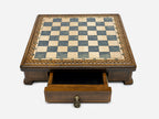 Handle Gray Epoxy chess set set up for play, angled view