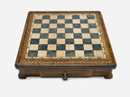 Handle Gray Epoxy chess set closed, angled view showing the drawer and feet