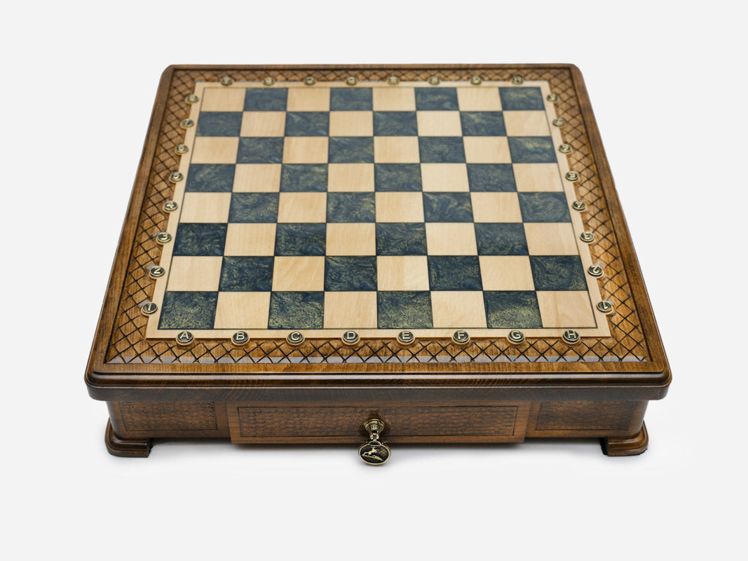 Handle Gray Epoxy chess set closed, angled view showing the drawer and feet