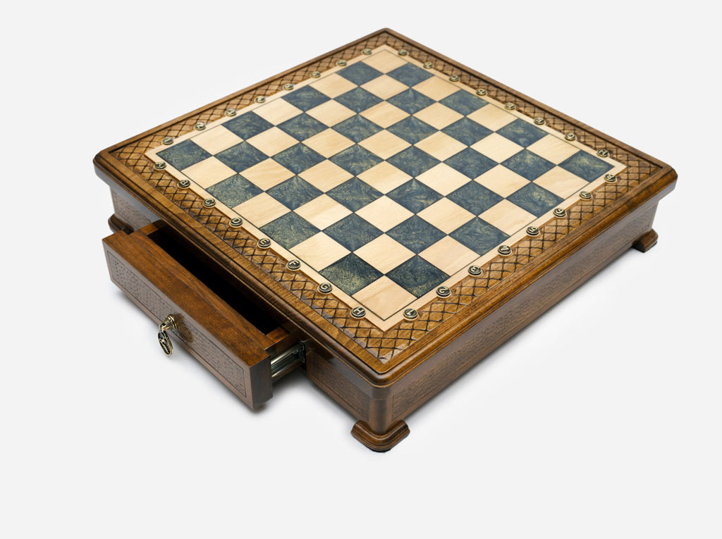 Handle Gray Epoxy chess set, close-up corner view of the marbled resin squares