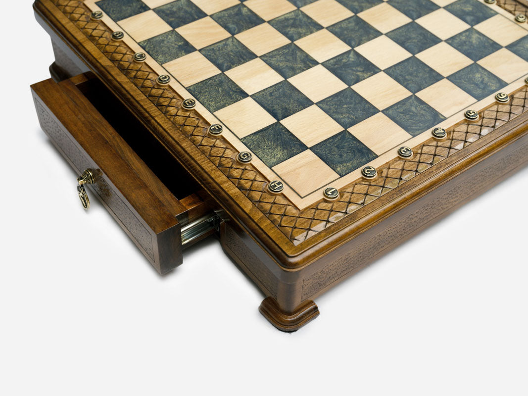 Handle Gray Epoxy chess set set up for play, straight front view
