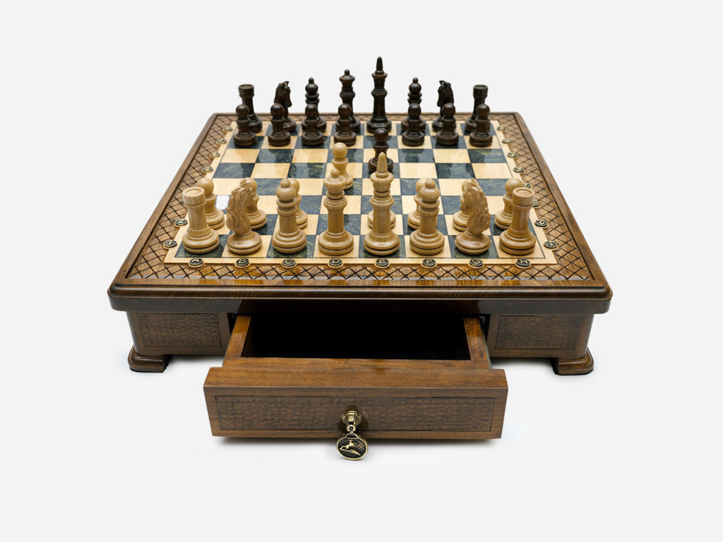 Handle Gray Epoxy chess set with the storage drawer open, front view