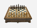 Handle Gray Epoxy chess set with wood pieces set up for play, front view