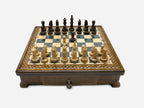 Handle Gray Epoxy chess set with wood pieces set up for play, front view