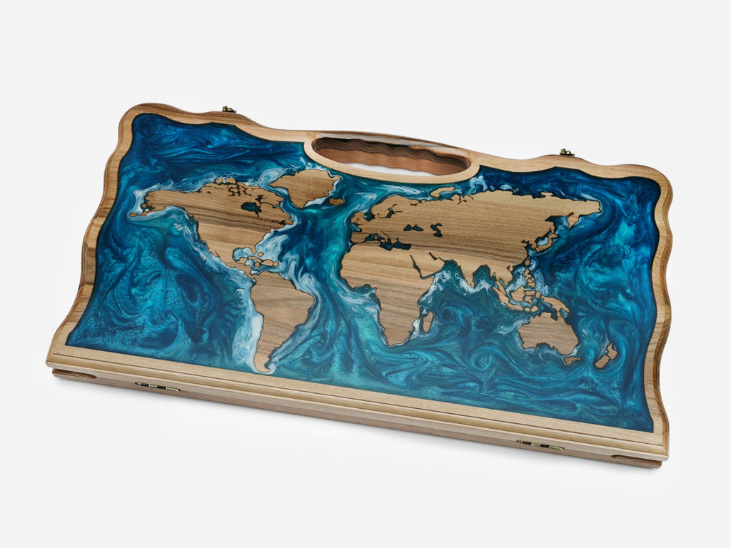 The world map epoxy backgammon board shown closed