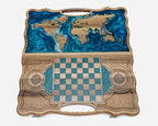 Overhead view of the world map backgammon board