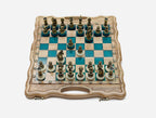 Side view of the closed blue epoxy board with bronze hinges