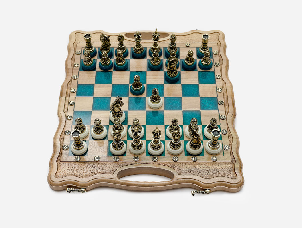 Side view of the closed blue epoxy board with bronze hinges