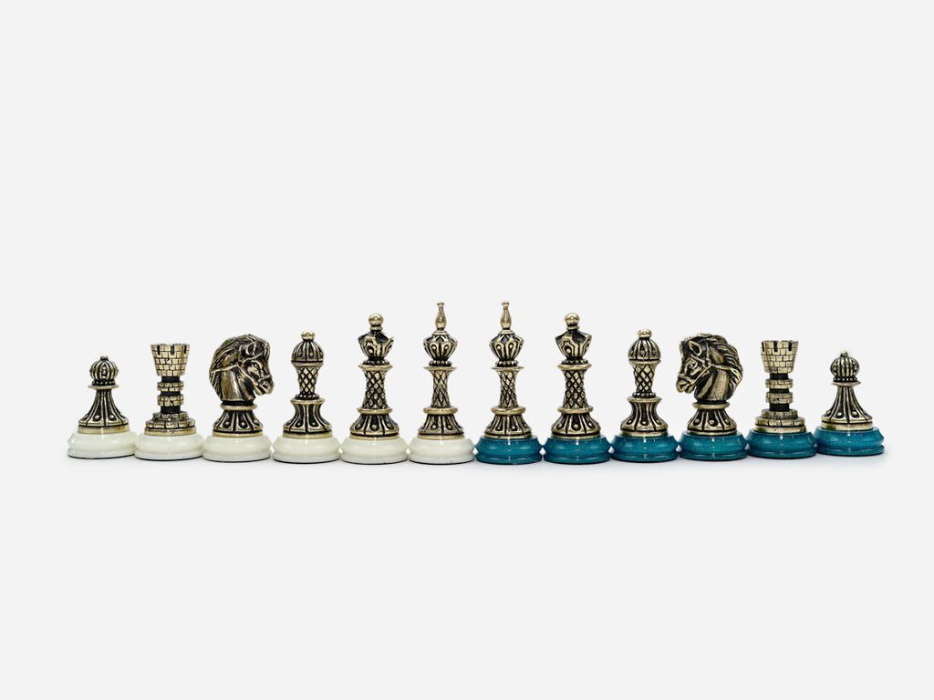 Close-up of the bronze knight and rook pieces on the turquoise squares