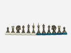 Close-up of the bronze knight and rook pieces on the turquoise squares