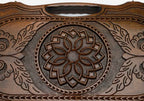 The backgammon board opened to show the wooden playing surface