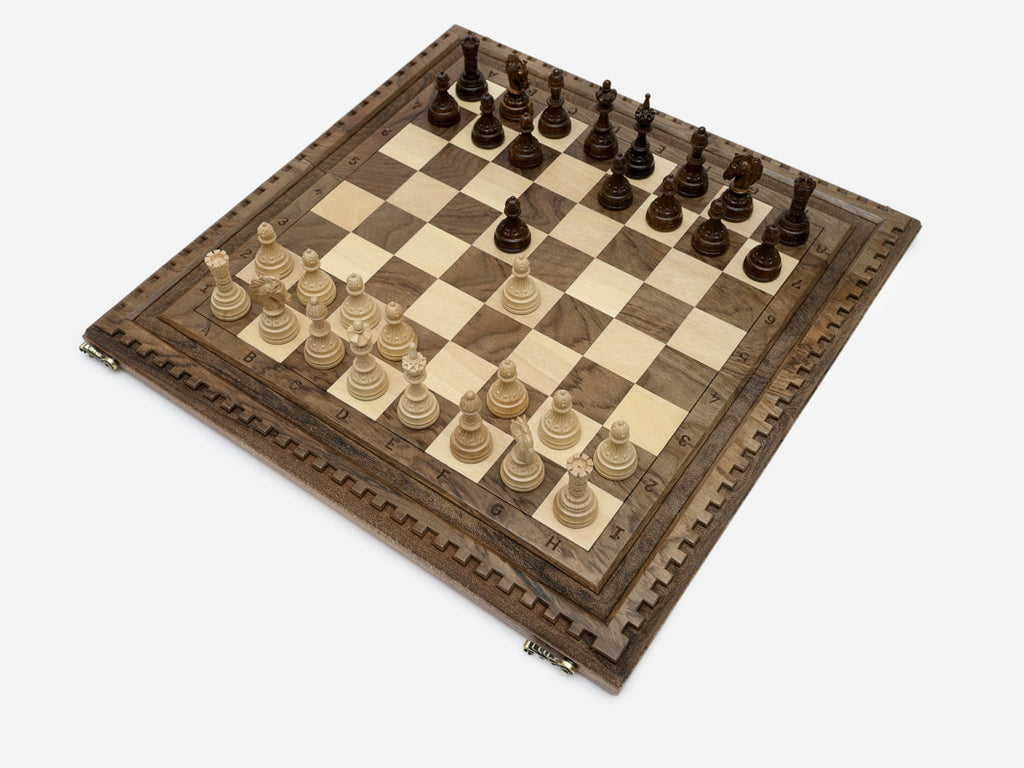 Lattice chess and backgammon set shown folded with carry handle