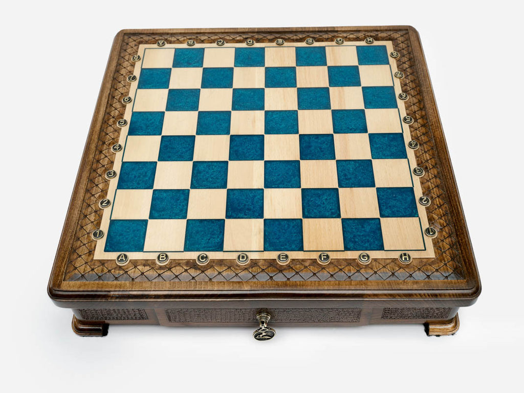 Handle Blue Epoxy chess set set up for play, straight front view