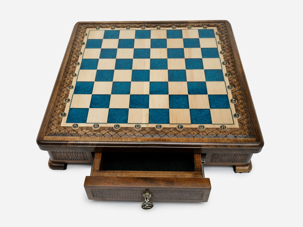 Handle Blue Epoxy chess set set up for play, angled view