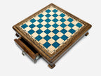 Handle Blue Epoxy chess set closed, angled view showing the drawer and feet