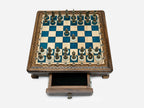 Handle Blue Epoxy chess set top-down view with pieces set up and drawer open
