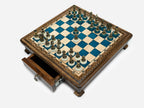 Handle Blue Epoxy chess set top-down view with the storage drawer open