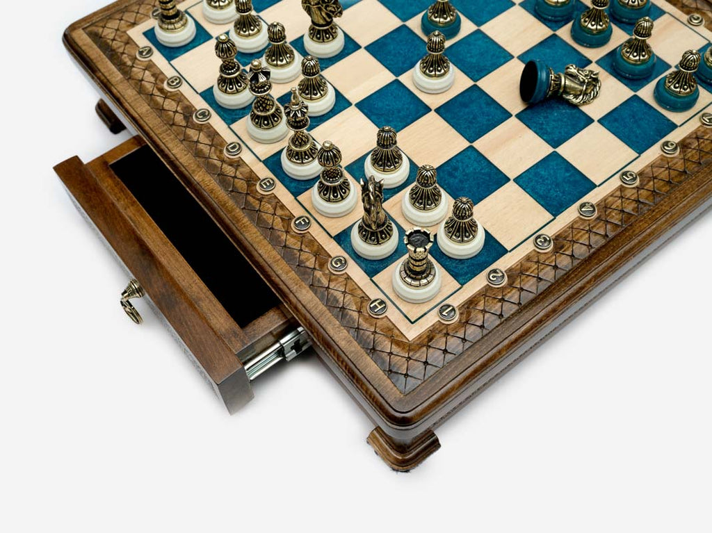 Close-up of the Handle Blue Epoxy chess set drawer corner with bronze pieces