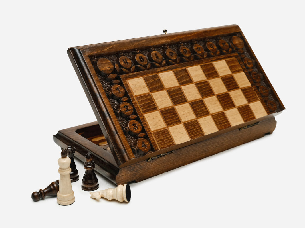 Compact Pomegranate and Grapevine Beech Chess and Backgammon Set