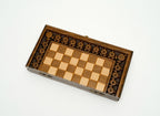 Pomegranate and Grapevine chess and backgammon set shown folded with carry handle