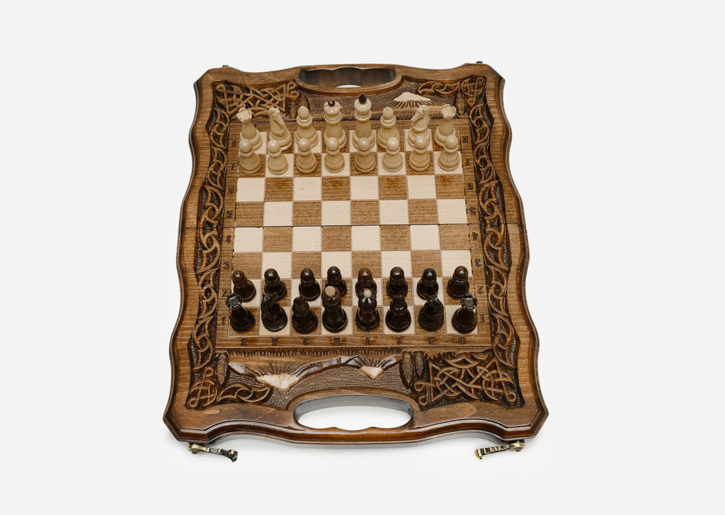 Mount Ararat chess and backgammon set shown folded with carry handle