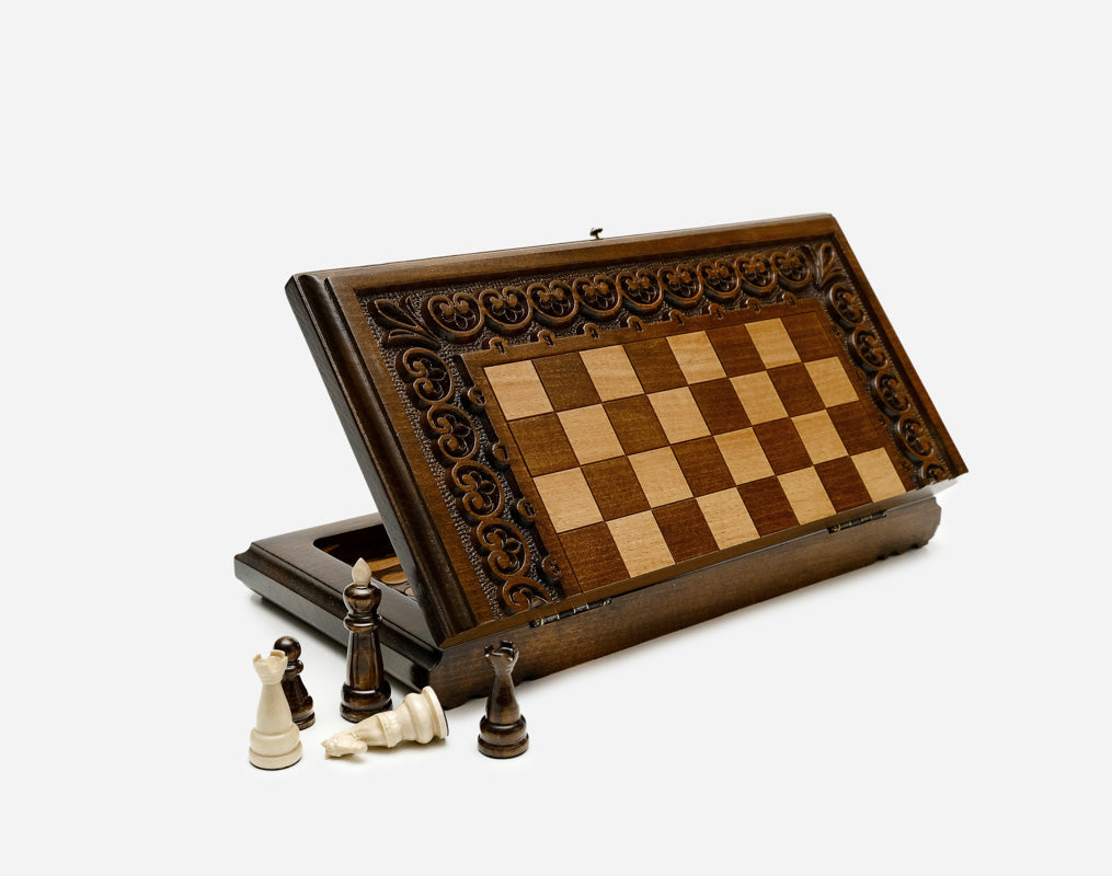 Compact Ornamental Rosette Beech Chess and Backgammon Set