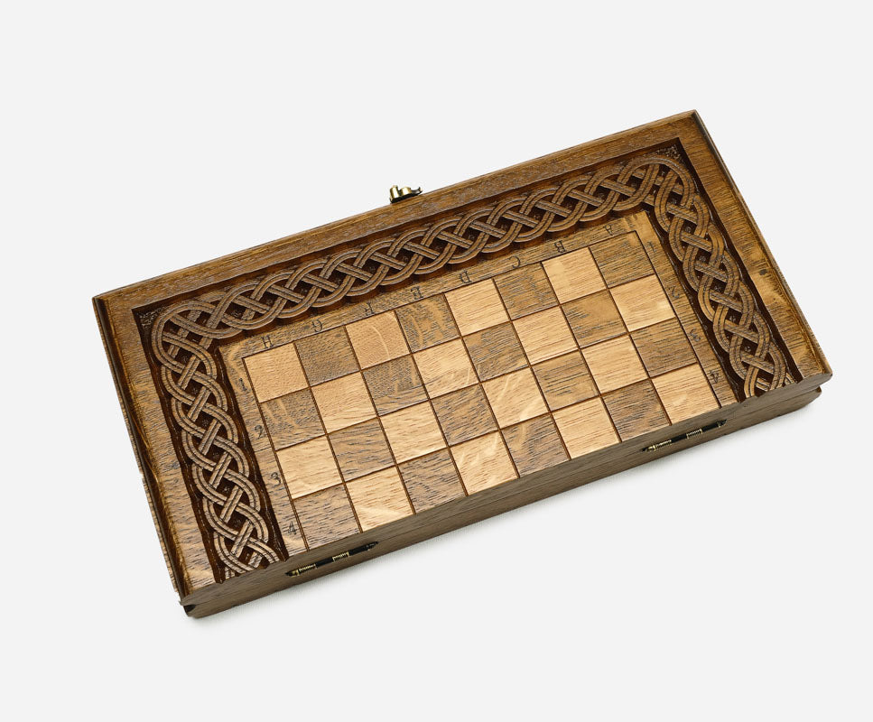 Ornamental Rosette chess and backgammon set shown folded with carry handle