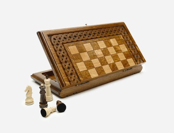 Compact Ornamental Rosette Beech Chess and Backgammon Set II