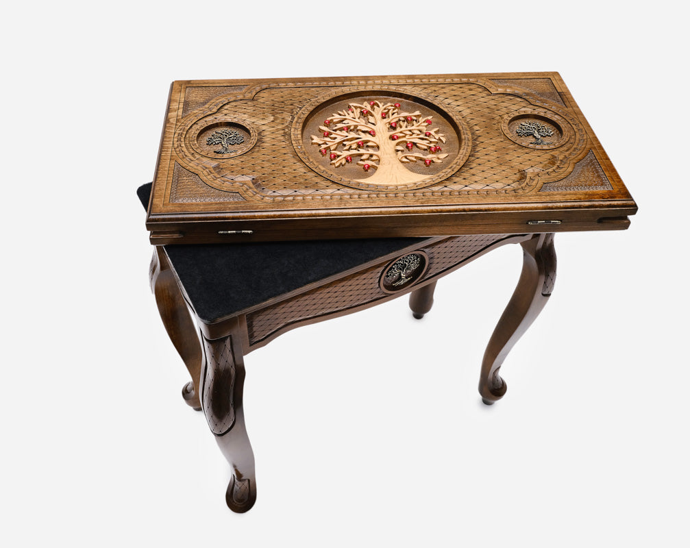 Handle Tree of Life backgammon table closed, angled view showing the carved lid and cabriole legs