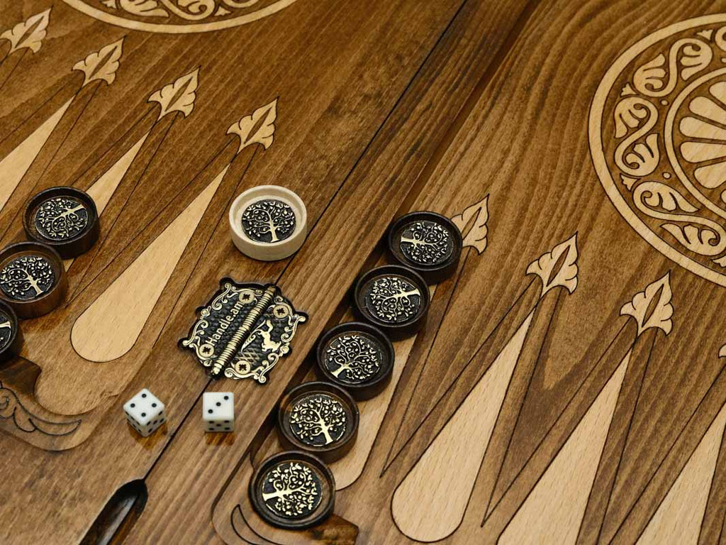 Handle Tree of Life backgammon table closed, front elevation view