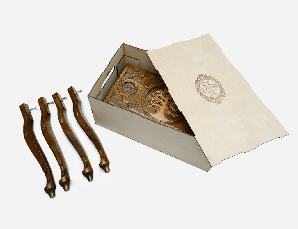 Handle Tree of Life backgammon table, angled view of the closed carved lid