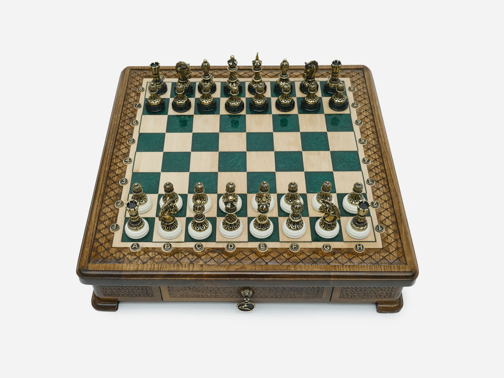 Handle Green Epoxy chess set set up for play, straight front view
