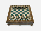 Handle Green Epoxy chess set set up for play, straight front view