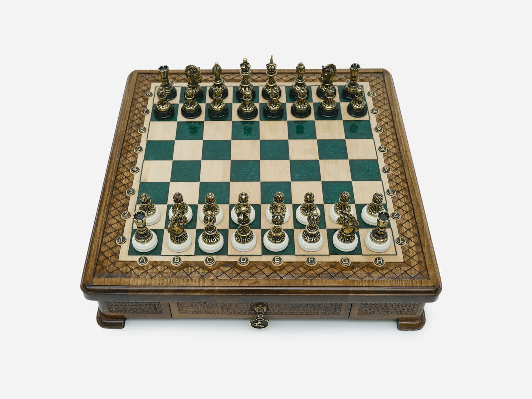 Handle Green Epoxy chess set set up for play, straight front view
